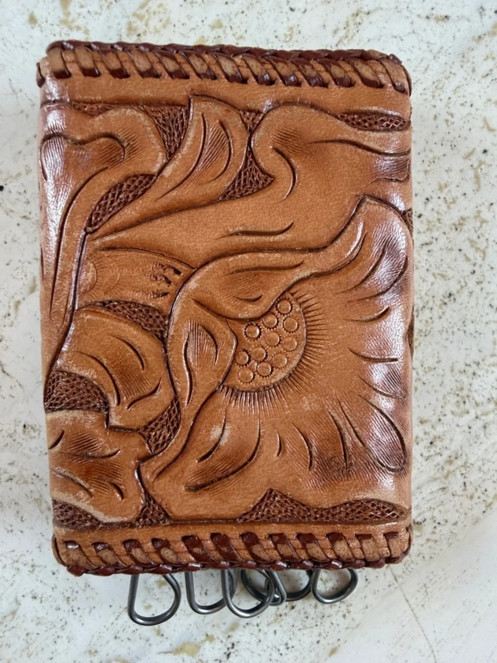 Vintage Hand Tooled Leather Key Holder Unisex Western Floral Whip Stitch Snap